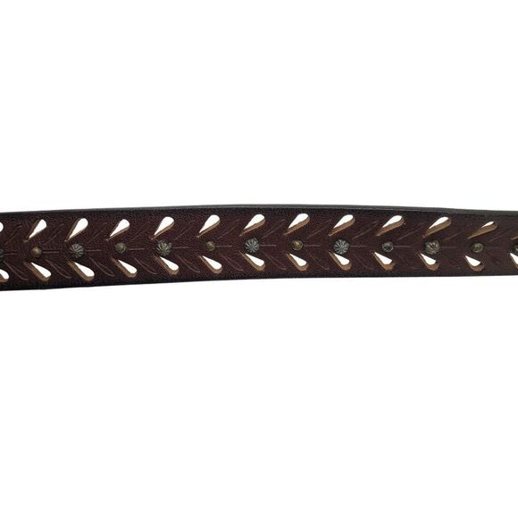 Vintage Chocolate Burnish Genuine Leather Western Belt Brass Cutouts Studded M - Picture 11 of 12